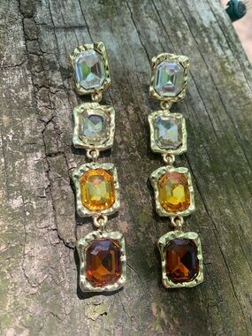 NWOT Gold Drop Earrings with Clear, Amber and Deep Amber Stones